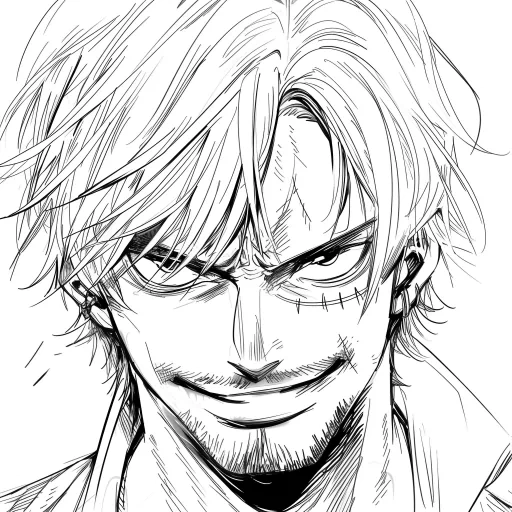Black and white sketch of a confident male anime character with a sly smile, perfect for a stylish avatar or profile photo.