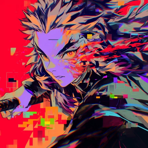 Dynamic Rengoku profile picture with a vibrant, abstract digital art style featuring intense colors and geometric shapes.