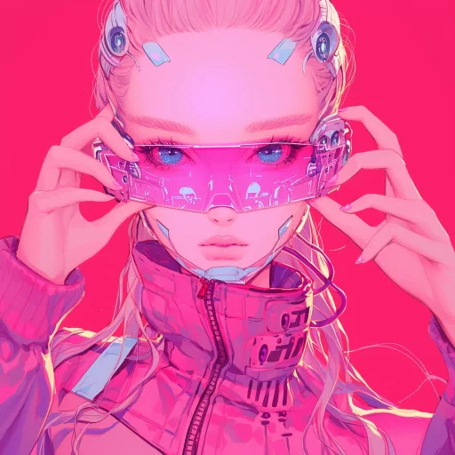 Pink-themed anime style avatar with a character wearing futuristic glasses and a high-collar jacket set against a vibrant pink background for a profile photo.