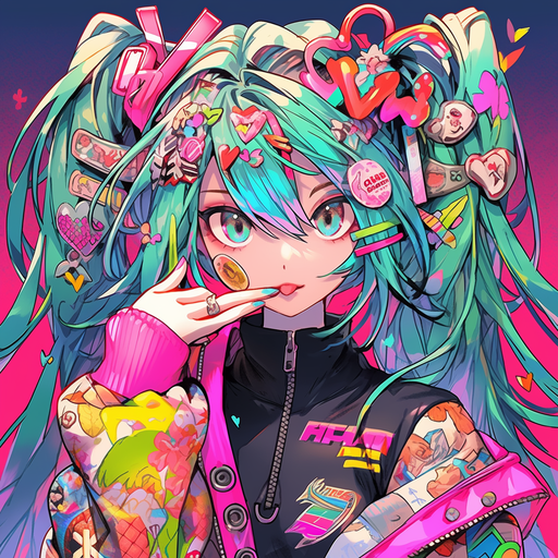 Colorful digital artwork featuring Hatsune Miku, a popular vocaloid character, with a maximalist artstyle.