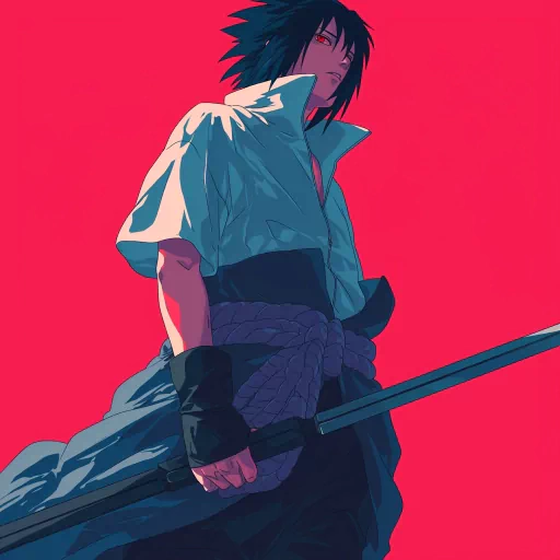Stylized Sasuke anime character avatar with a vibrant red background holding a sword, perfect for a profile photo.