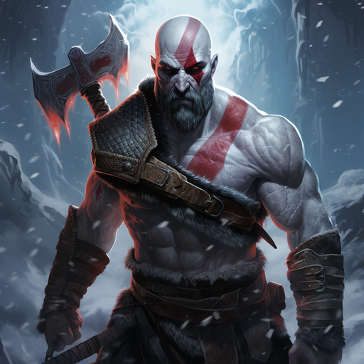 Kratos holding an icy axe in a modern video game render.