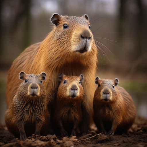 A realistic close-up of a capybara family.