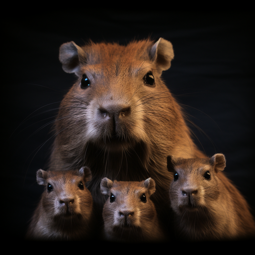 A close-up of a hyperrealistic capybara family portrait.