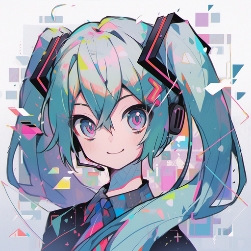 Colorful portrait of Hatsune Miku with a maximalist artstyle.