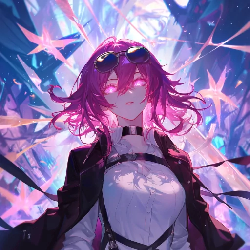 Stylish anime-style avatar featuring a character with purple hair and sunglasses, set against a sparkling, abstract magenta background, commonly used as a Kafka-inspired profile picture.