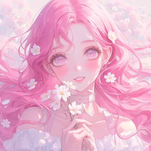 Pink-haired anime girl avatar with sparkling eyes and floral accents for profile picture.