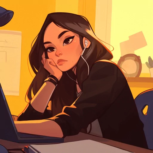 Illustration of a thoughtful girl with headphones using a laptop, ideal for a modern avatar or profile photo.