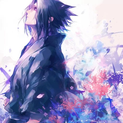 Sasuke Uchiha anime character avatar with a colorful artistic background for profile photo.