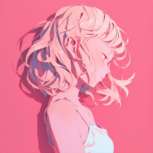 Profile picture of a pink-hued anime girl avatar with a side glance on a blush background.