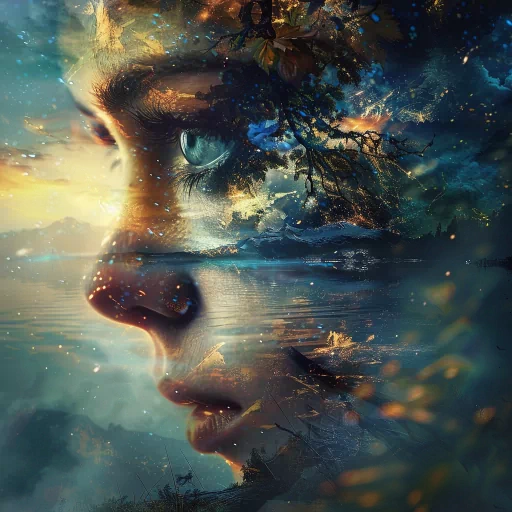 Artistic woman's profile picture blending with a serene nature scene, ideal for an avatar or personal branding.