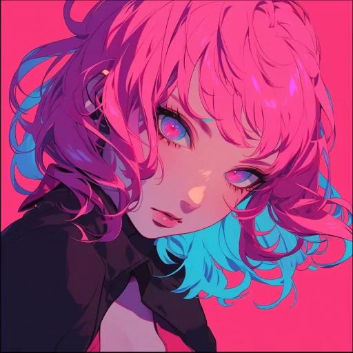 Pink and blue anime style profile picture featuring a character with vibrant hair and striking eyes against a pink background.