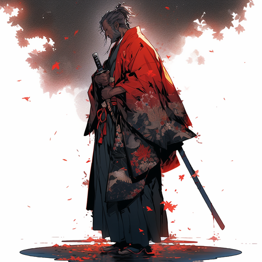A stoic samurai standing in side profile, radiating a captivating aesthetic with a vibrant contrast.