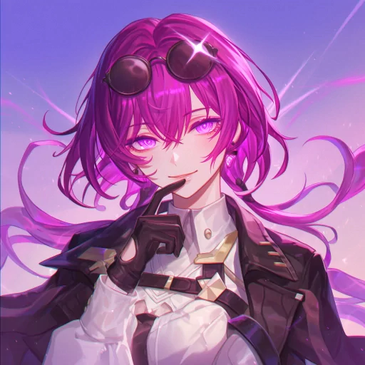 Stylized anime avatar of a character with purple hair and sunglasses, suitable for a Kafka profile picture with a vibrant purple background.
