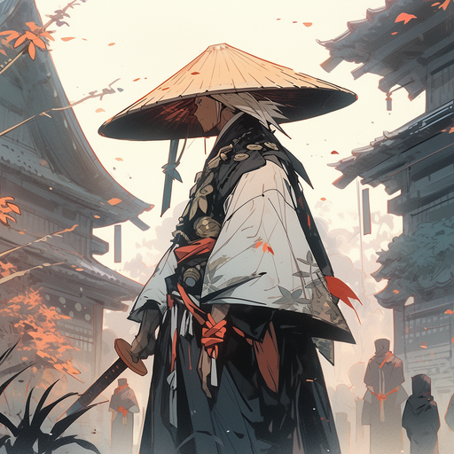 Aesthetic samurai in side view, standing with striking contrast.