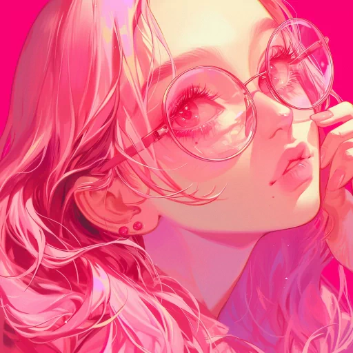 Stylish pink anime avatar featuring a character with round glasses and wavy hair for a profile picture.