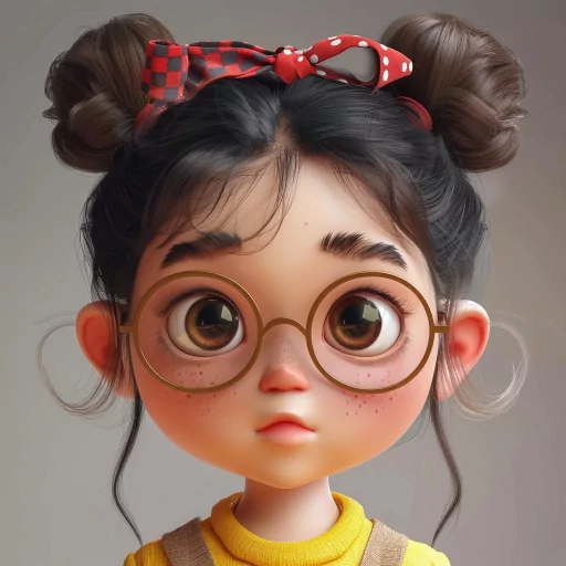 Cartoon avatar of a girl with large glasses, freckles, and double buns tied with a checkered bow, suitable for profile photo usage.