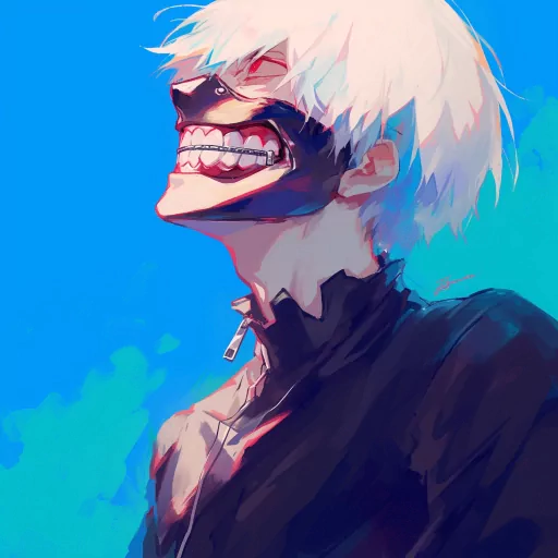Illustration of Kaneki profile picture with a vibrant blue background, showcasing the character smiling with a ghoul mask's zipper partially undone.