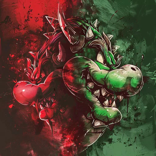 Stylized Bowser avatar with vibrant red and green tones against a textured background, suitable for a gaming profile photo or a fan art pfp.