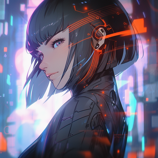 Anime-style futuristic character with vibrant colors, surrounded by a ghostly digital aura.