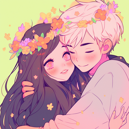 Anime-style couple with vibrant colors and cheerful expressions, designed as a profile picture.