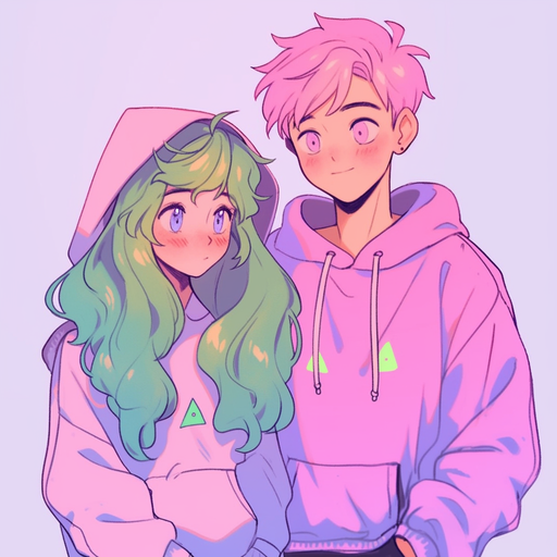 Anime couple with pink and blue hair, smiling warmly, against a colorful background.