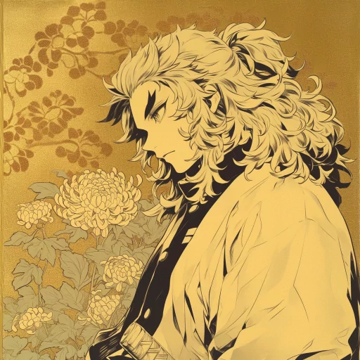 Illustration of a stylized character with fiery hair, golden tones, and floral background, ideal for an avatar or profile picture.