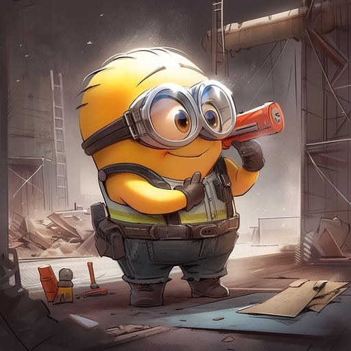 Minion dressed as an engineer, wearing a yellow hat and goggles.