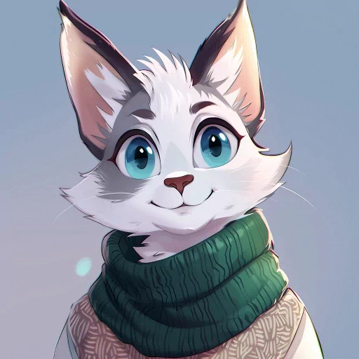 Furry avatar featuring a smiling anthropomorphic cat character with a green scarf for a profile picture.
