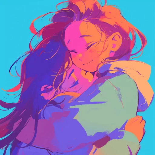 Colorful illustrated avatar of two people embracing in a hug for a profile photo.