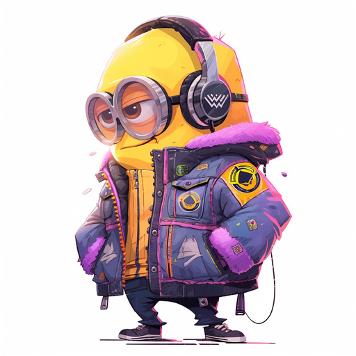 Minion wearing headphones and jacket.