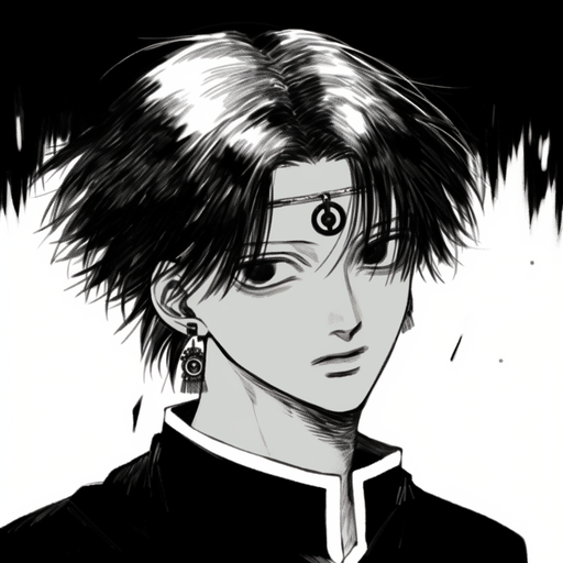 Chrollo Lucilfer, a character from the Hunter x Hunter manga, in black and white.