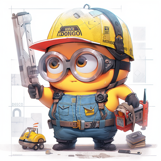 Engineer minion from Disney's Despicable Me series in a blue jumpsuit, holding a wrench and wearing goggles.