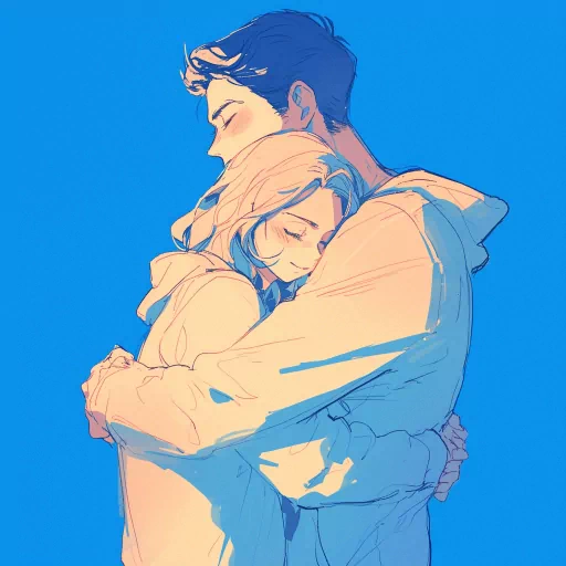 Illustration of two animated characters embracing in a warm hug for a profile picture.