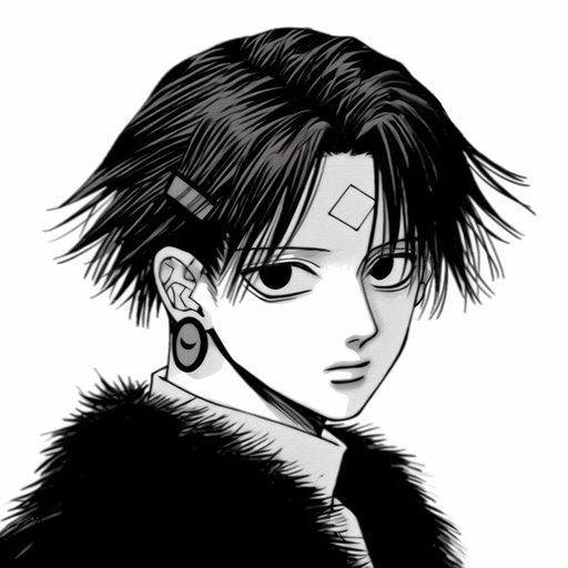 Chrollo Lucilfer, a character from the Hunter x Hunter manga, is depicted in black and white.