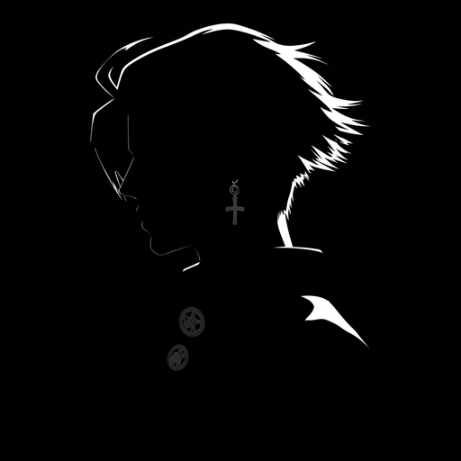 Chrollo Lucilfer in a black and white silhouette style, reminiscent of the Hunter x Hunter anime.