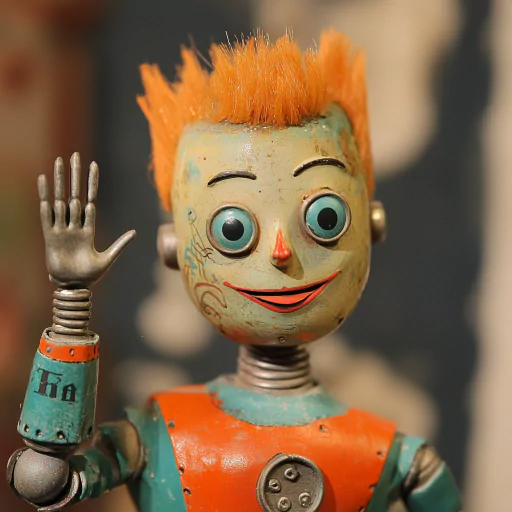 A cheerful, vintage robot with bright orange hair waves while smiling, featuring colorful accents and a friendly expression.