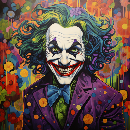 The image depicts a Joker-inspired artwork in a naive art style.
