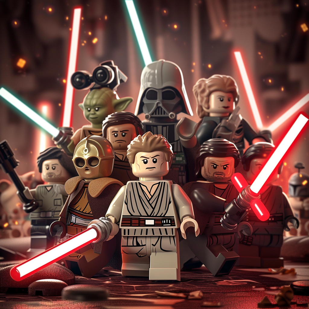 Lego Star Wars characters avatar with glowing lightsabers for a profile photo.