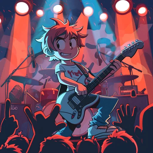 Animated avatar of a Scott Pilgrim-style character playing a guitar on stage with colorful stage lights and an enthusiastic crowd.