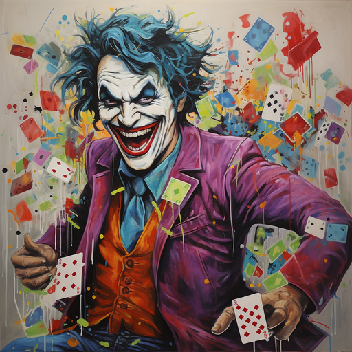 Sophisticated Joker portrait in vibrant naive art style.
