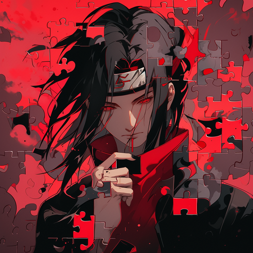 Itachi Uchiha in anime style, depicted as a jigsaw puzzle.