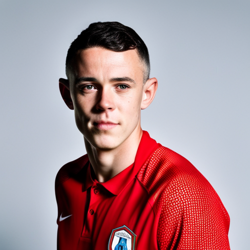 Close-up portrait of Phil Foden, wearing a serious expression.
