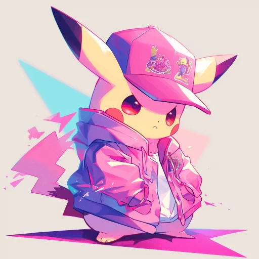 Stylish Pikachu avatar wearing a pink cap and jacket with dynamic geometric background shapes.