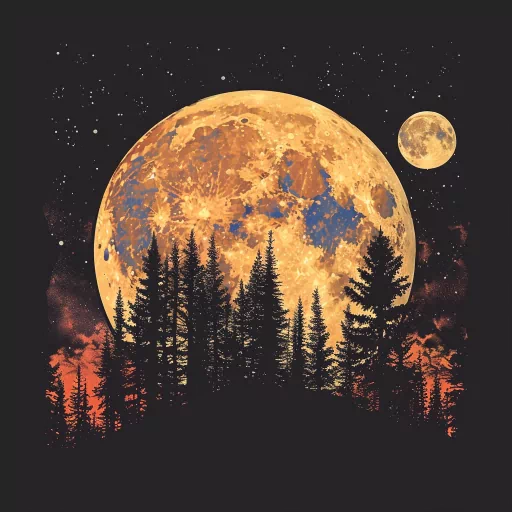 Stylized moon avatar featuring a large full moon with intricate surface details, a smaller moon, and silhouetted pine trees against a starry night sky for a profile picture.