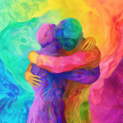 Colorful artistic impression of a warm embrace for a profile picture, featuring vibrant rainbow hues symbolizing a hug pfp.