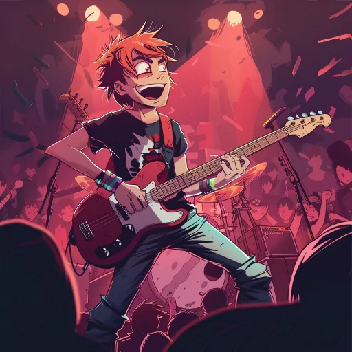 Animated avatar of a character resembling Scott Pilgrim playing guitar enthusiastically on stage at a concert, with a vibrant crowd in the background.