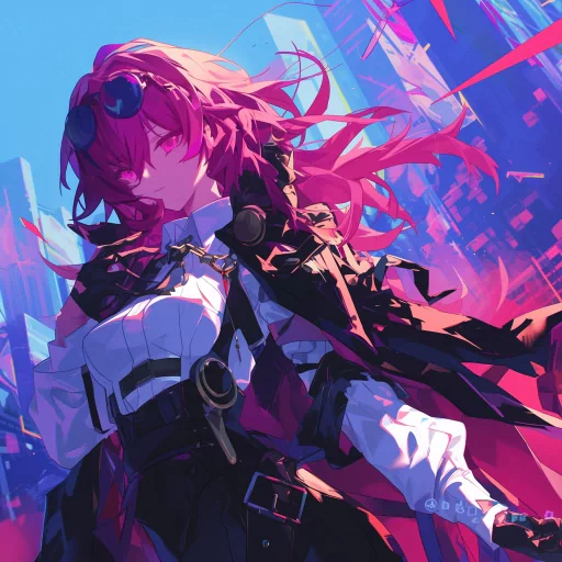 Stylized Kafka anime character avatar with dynamic pink hair and futuristic goggles against an abstract blue and pink background.