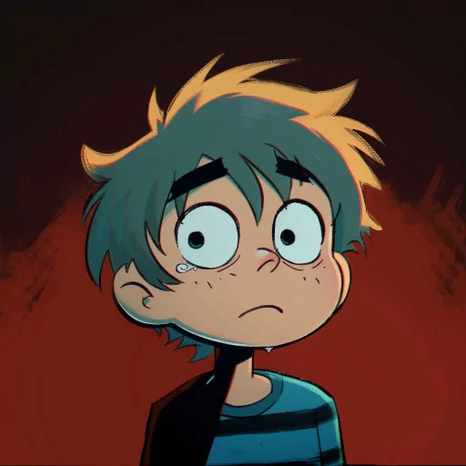 Cartoon-style profile picture of a character with a whimsical expression, featuring spiky hair with blue highlights against a red background, resembling the art style of Scott Pilgrim comics.