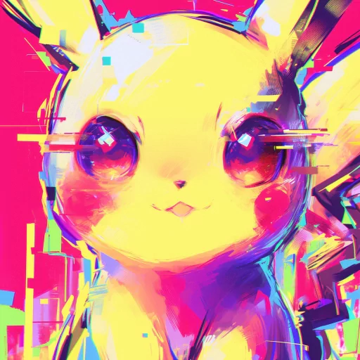 Colorful Pikachu avatar with a vibrant, glitch-art style for a profile picture.